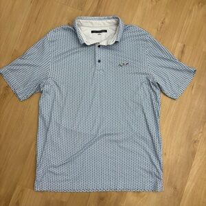 Greg Norman Polo Shirt Mens L Blue White Floral Geometric Shark Logo Golf